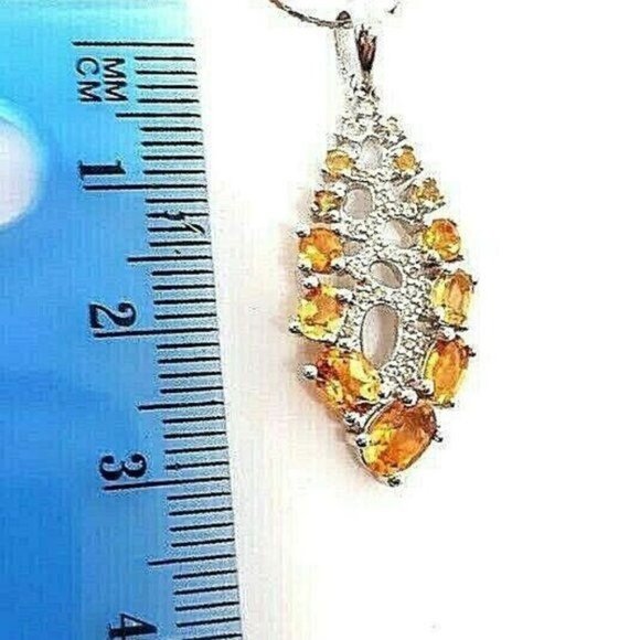 Natural Yellow Citrine with CZ 14K White Gold on 925 Sterling Silver Necklace‎ - Picture 4 of 4